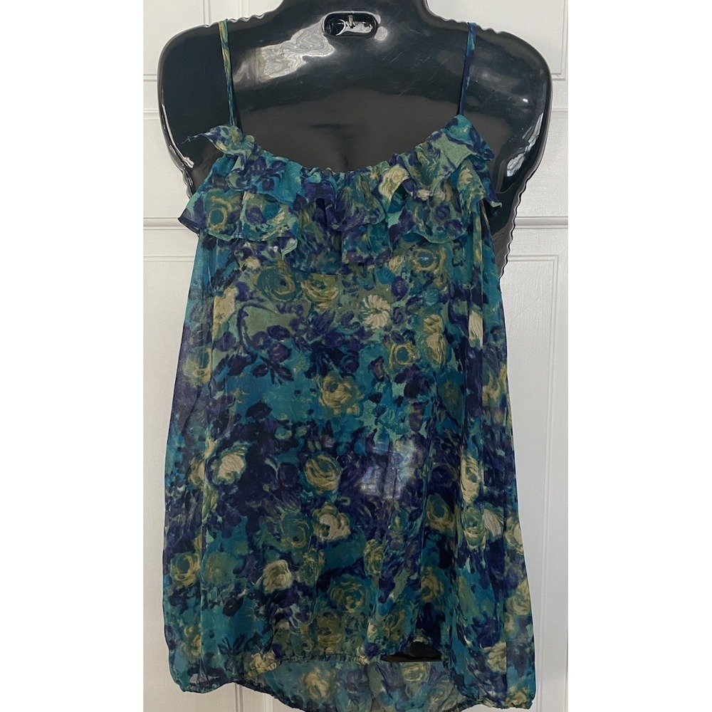 Forever 21 Cami Tank Top Women's Med Blue Green Sheer Ruffle Adj‎ Straps Elastic